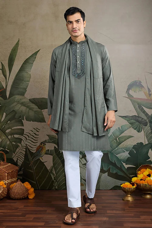 Silk Party Wear Rust Green Jari Work Kurta & Dupatta For Men's