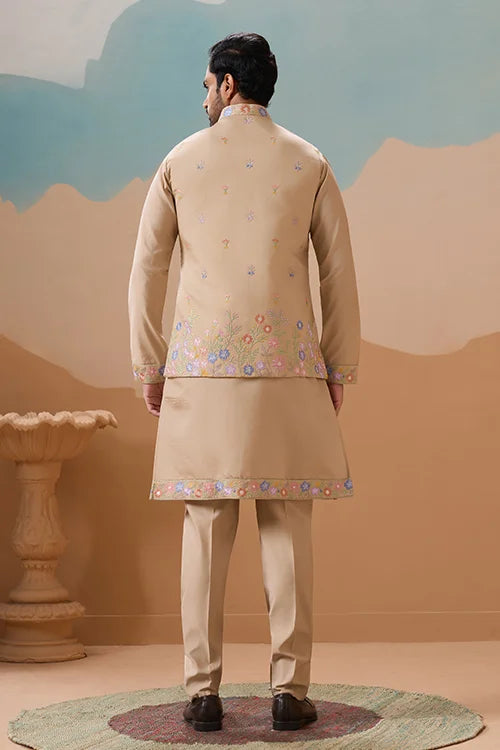 Celebration Beige Kurta Koti Pant Wedding Outfit for Men