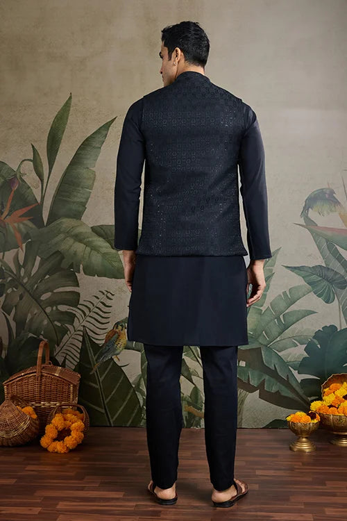 Black Roman Silk Kurta With Jacquard Koti Elegant Ethnic Wear