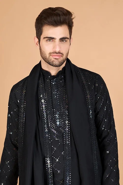 Black Viscose Fabric Embroidered Traditional Kurta For Mens Wear
