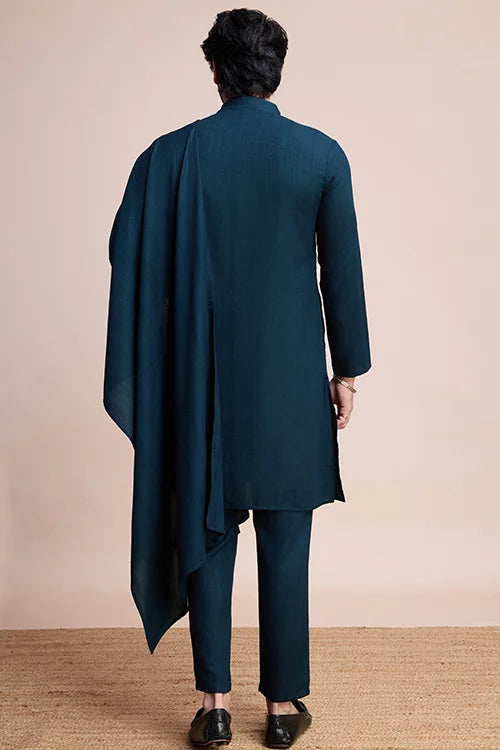 Teal Blue Designer Kurta Set With Mirror Work For Men