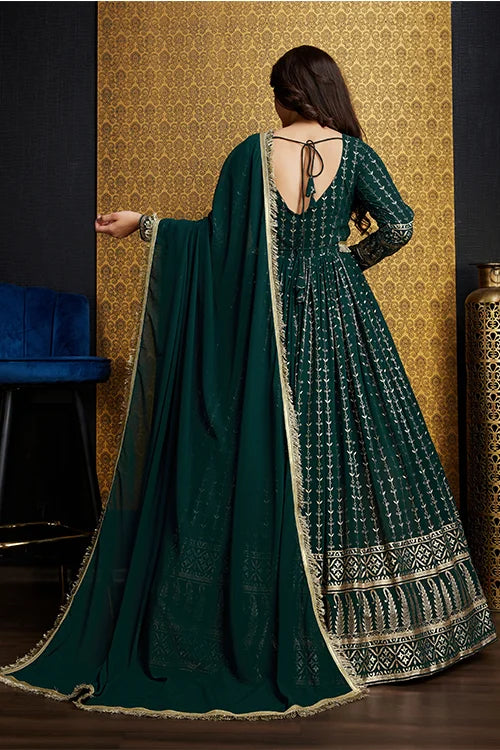 Green Color Designer Metalic Foil Work Ready To Wear Gown