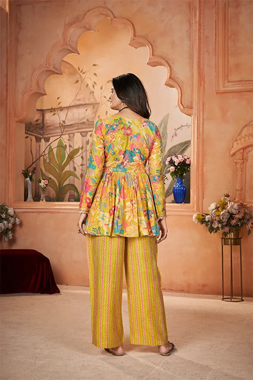 Yellow Silk Digital Print And Foil Three Piece Set