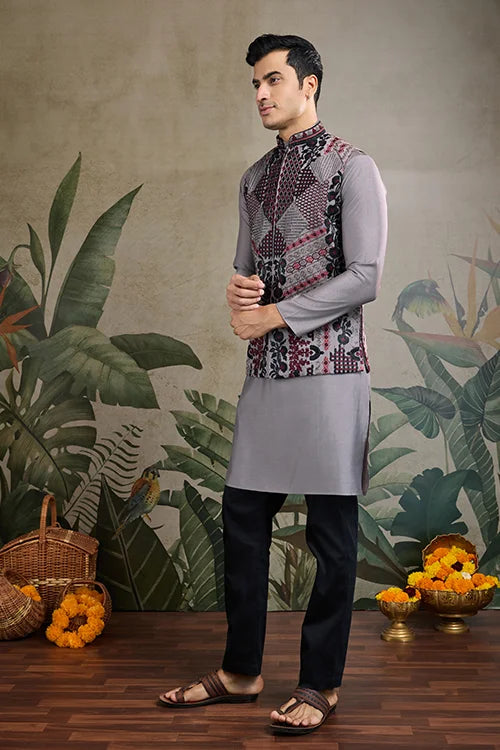 Latest Grey Silk Kurta With Swarovski Koti Jacket For Men’s