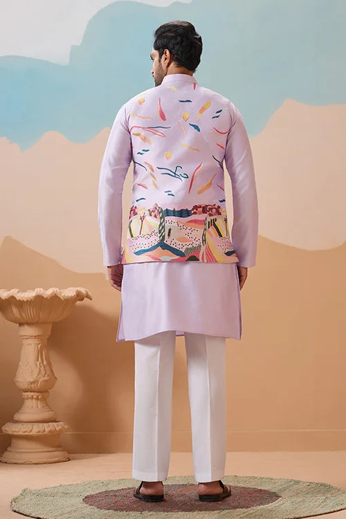 Lavender Wedding Carnival Koti Kurta Set for Mens