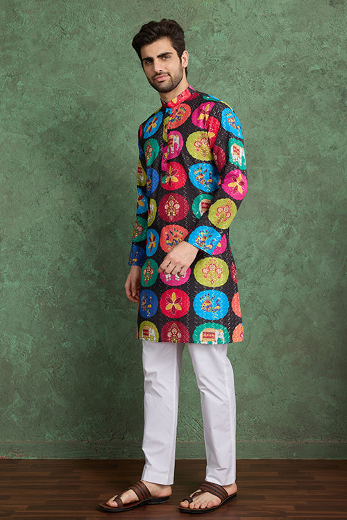 Multi Color Print With Embroidered Kurta And Pajama For Men