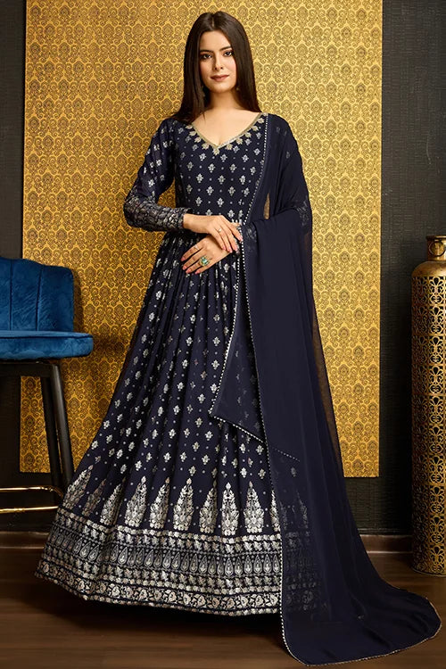 Attractive Navy Blue Foil Work Georgette Reception Wear Gown With Dupatta