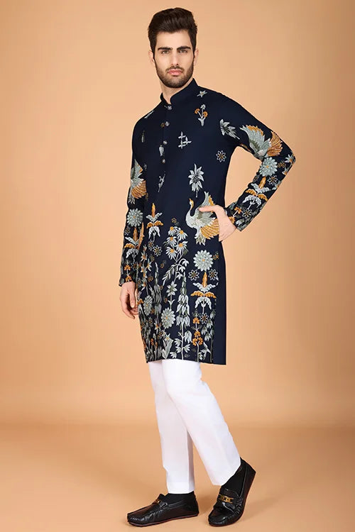 Navy Blue Traditional Look Ethnic Wear Kurta For Men