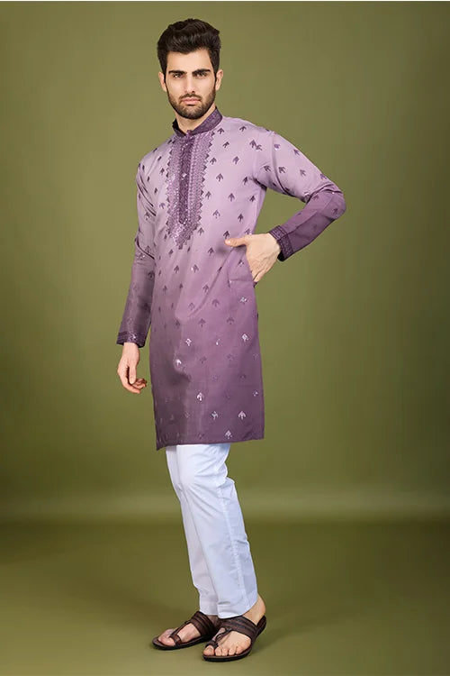 Designer Men's Omber Purple Kurta In Viscose Silk