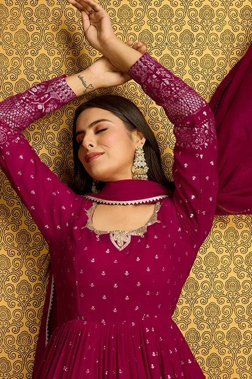 Exclusive Rani Color Metalic Foil Work Ready To Wear Gown