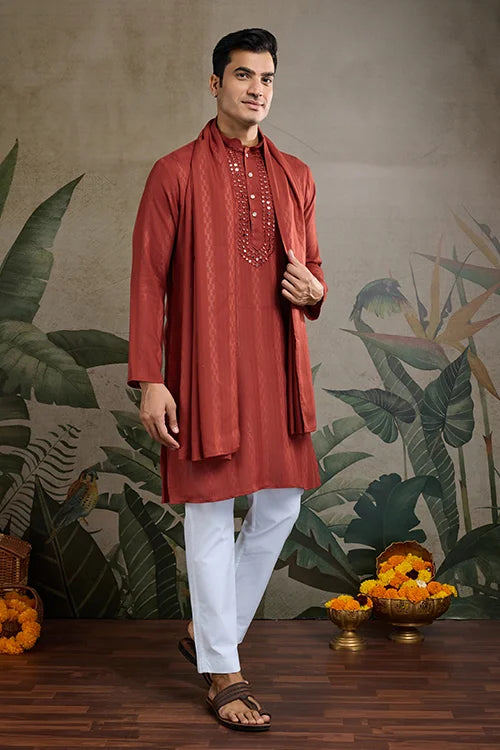 Rust Orange Viscose Silk Kurta With Mirror Work