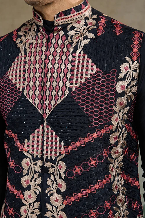 Black Viscose Silk Indian Designer Kurta With Koti For Men