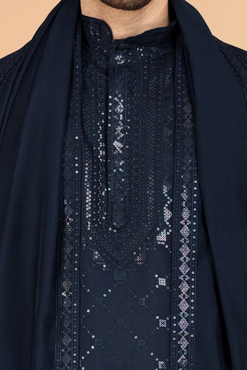 Navy Color Kurta With Dupatta For Mens Wear