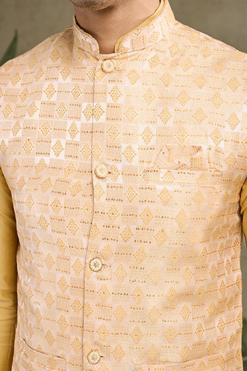 Yellow Roman Silk Kurta With Jacquard Koti Jacket