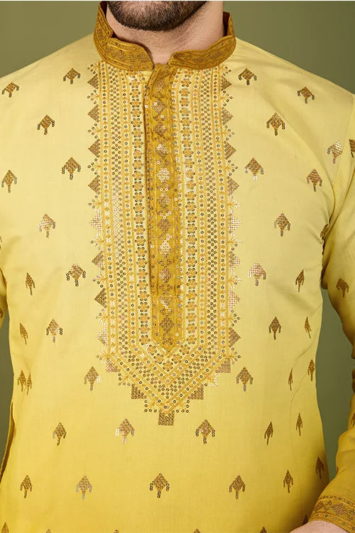 Designer Omber Yellow Viscose Silk Kurta For Men Online