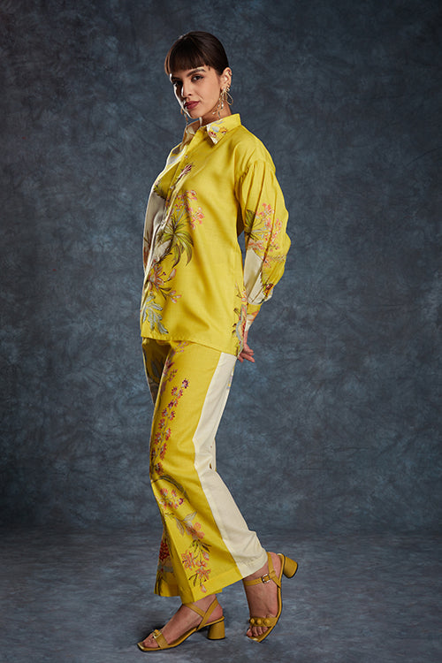 Yellow Linen Print Work Co-Ord Set
