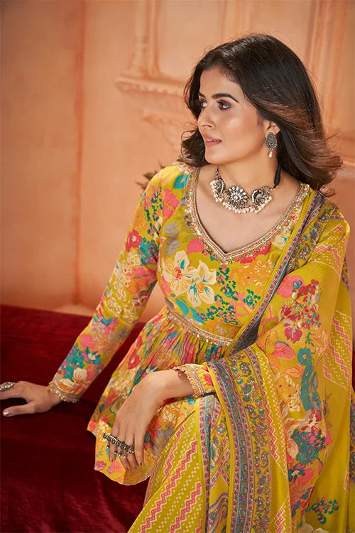 Yellow Silk Digital Print And Foil Three Piece Set