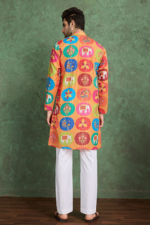 Multi Color Print With Embroidered Kurta And Pajama For Men