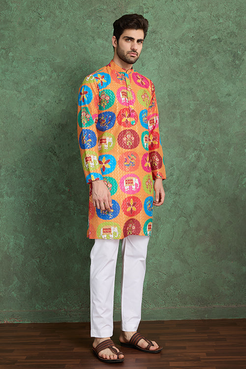 Multi Color Print With Embroidered Kurta And Pajama For Men