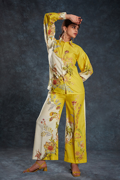 Yellow Linen Print Work Co-Ord Set