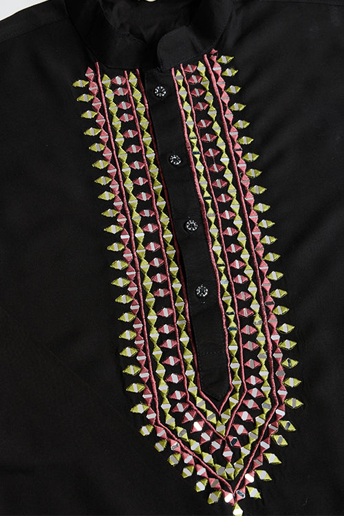Wedding Special Black Mirror Work Kurta With Dupatta For Men