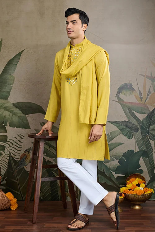 Stylish Look Perfect Haldi Yellow Color Men's Kurta with Dupatta