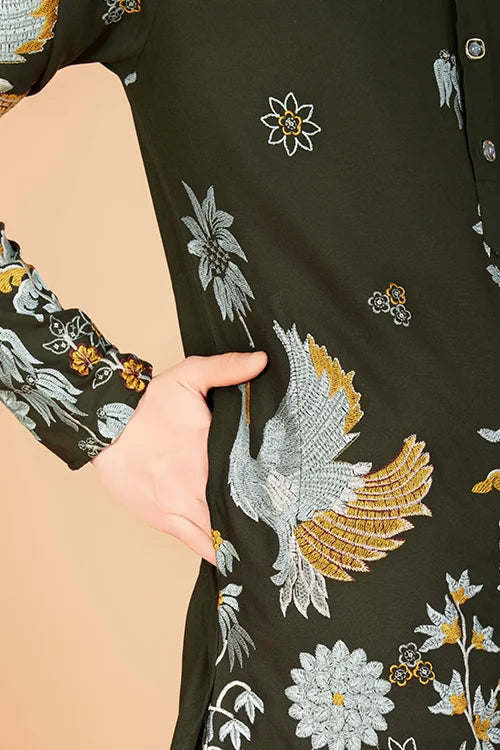 Olive Viscose Rayon Designer Men's Kurta For Festive