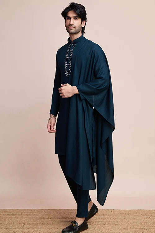 Teal Blue Designer Kurta Set With Mirror Work For Men