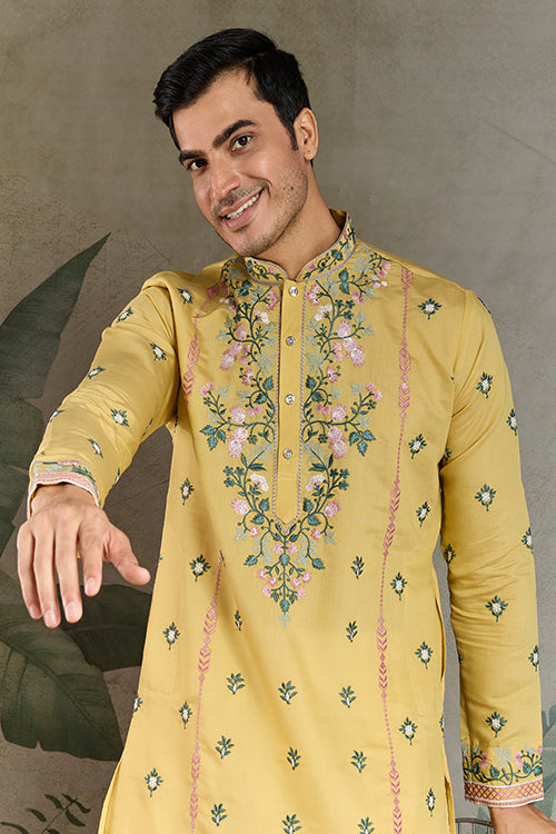 Embroidered Yellow Kurta For Men Wear