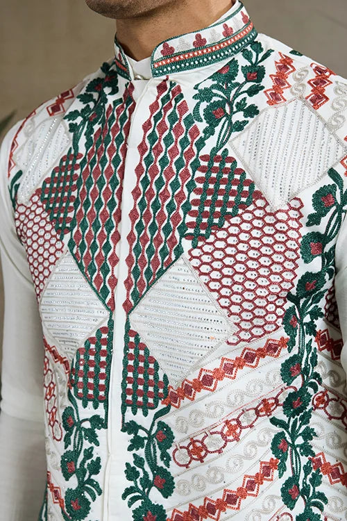 Beautiful White Viscose Silk Kurta Koti Set
