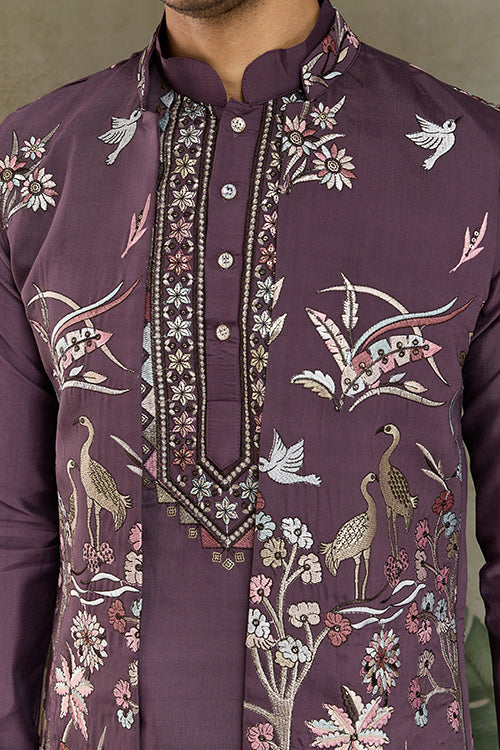 Traditional Rust Purple Kurta Pajama With Stylish Open Jacket