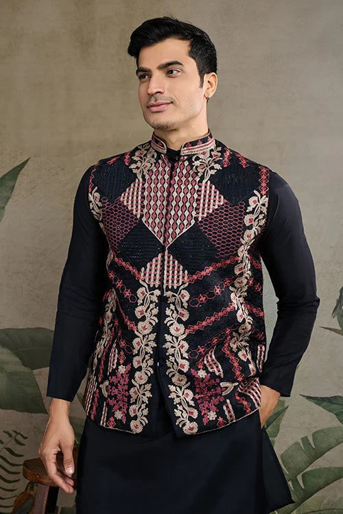 Black Viscose Silk Indian Designer Kurta With Koti For Men