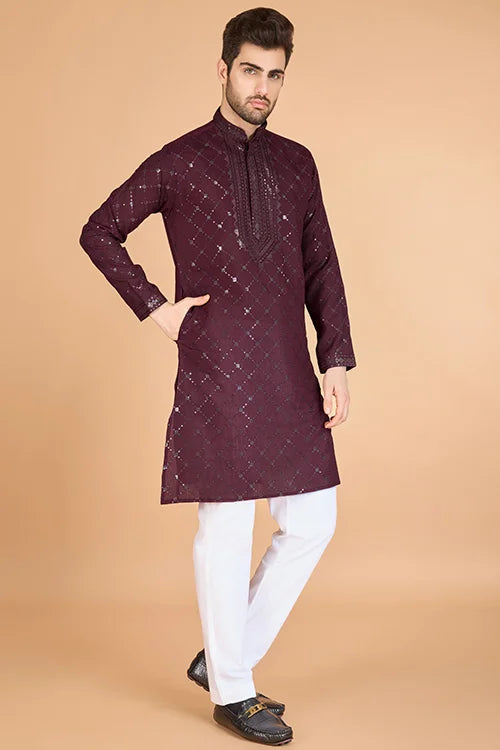 Designer Maroon Viscose Silk Men's Kurta Online