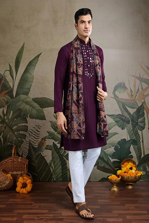 Purple Viscose Rayon Kurta With Jari & Mirror Work