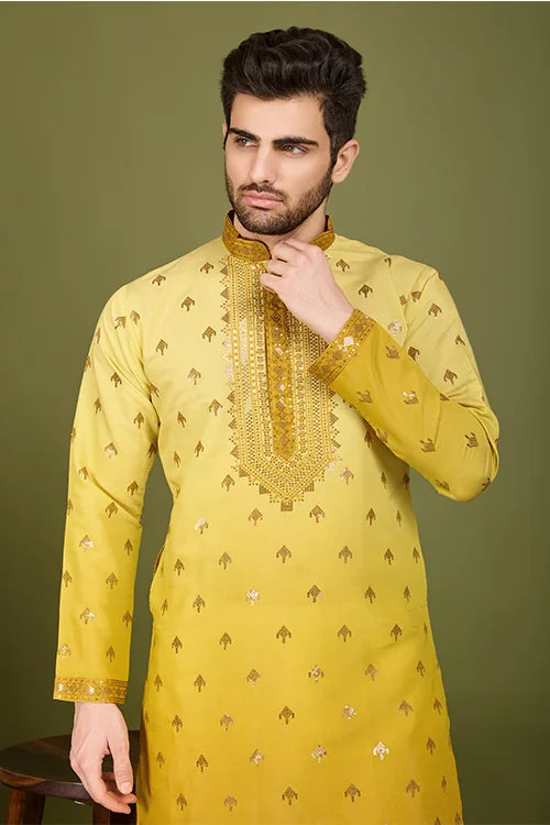 Designer Omber Yellow Viscose Silk Kurta For Men Online