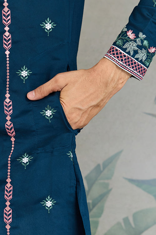 Wedding Special Teal Blue Embroidered Silk Kurta