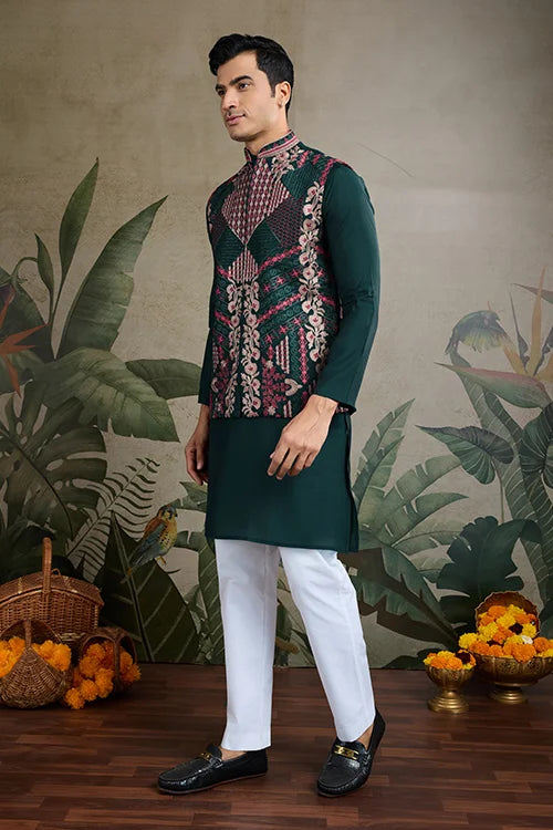 Designer And Stylish Green Men's Kurta Koti Set For Men