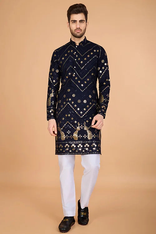 Navy Silk Embroidered Work Designer Men's Wear Kurta