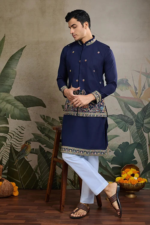Navy Men's Kurta Koti Set – Stylish & Elegant