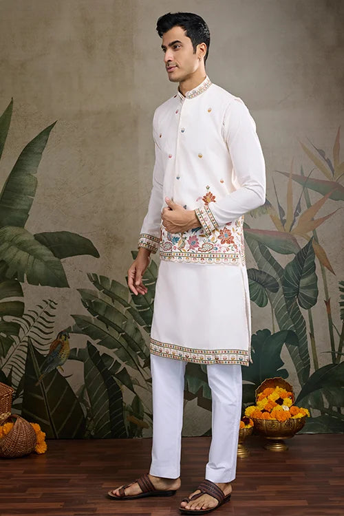 Designer White Kurta With Embroidered Koti – Elegant Style