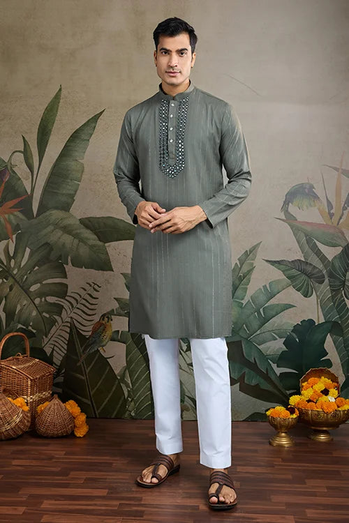 Silk Party Wear Rust Green Jari Work Kurta & Dupatta For Men's