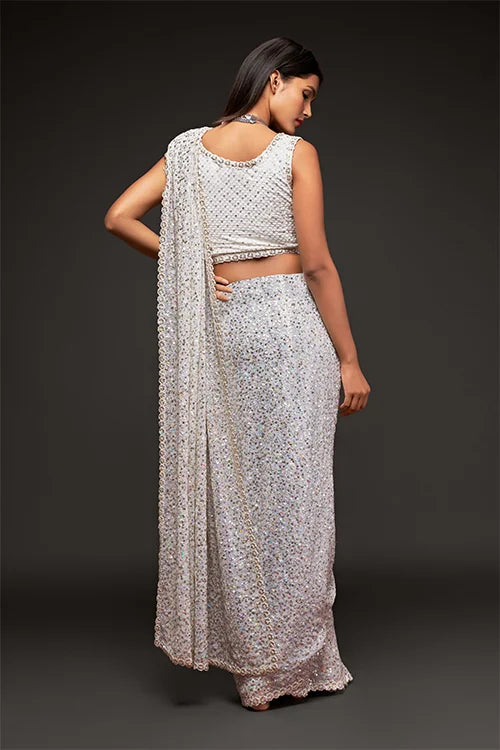 Bollywood Designer Pearl White Georgette Silk Saree Online