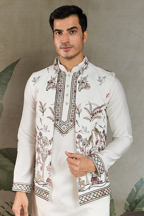 White Open Koti Style Full Kurta Pajama Set For Men