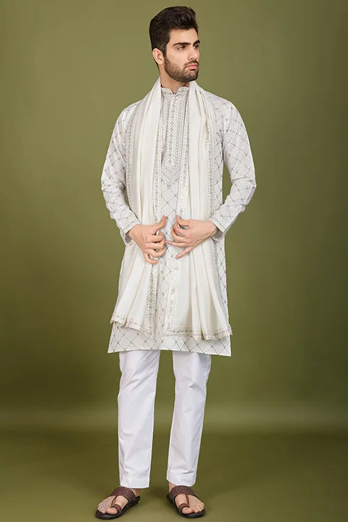 Designer White Viscose Silk Men's Kurta – Elegant Wedding Attire