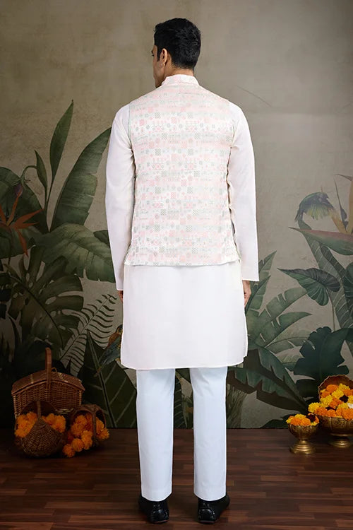 Designer White Kurta & Open Koti For Men