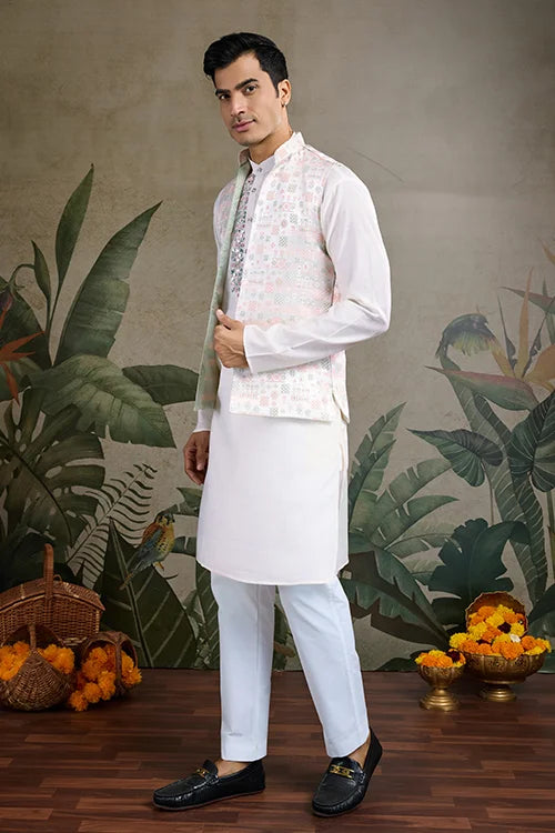 Designer White Kurta & Open Koti For Men