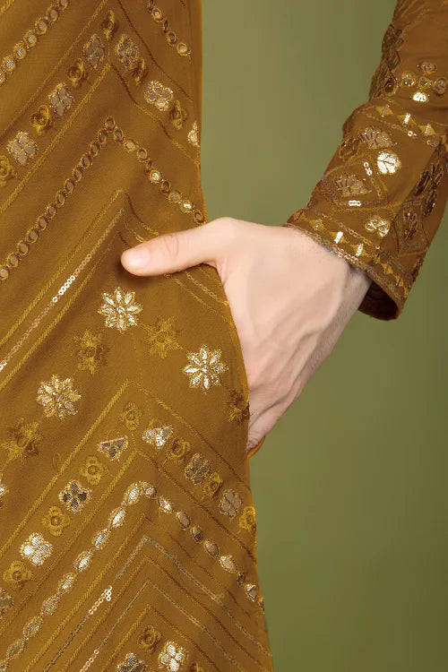 Traditional Embroidered Yellow Silk Kurta For Men