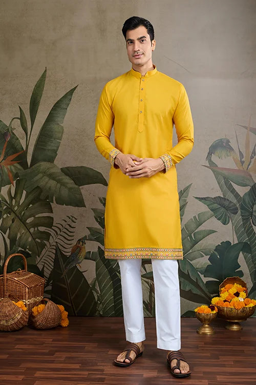Designer Yellow Cotton Kurta With Koti Jacket Online