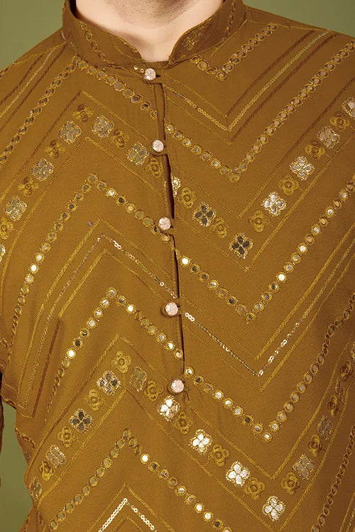 Traditional Embroidered Yellow Silk Kurta For Men