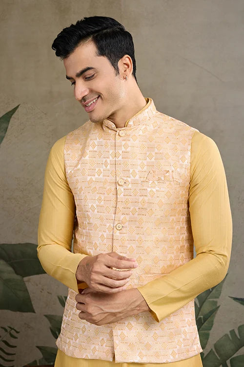 Yellow Roman Silk Kurta With Jacquard Koti Jacket